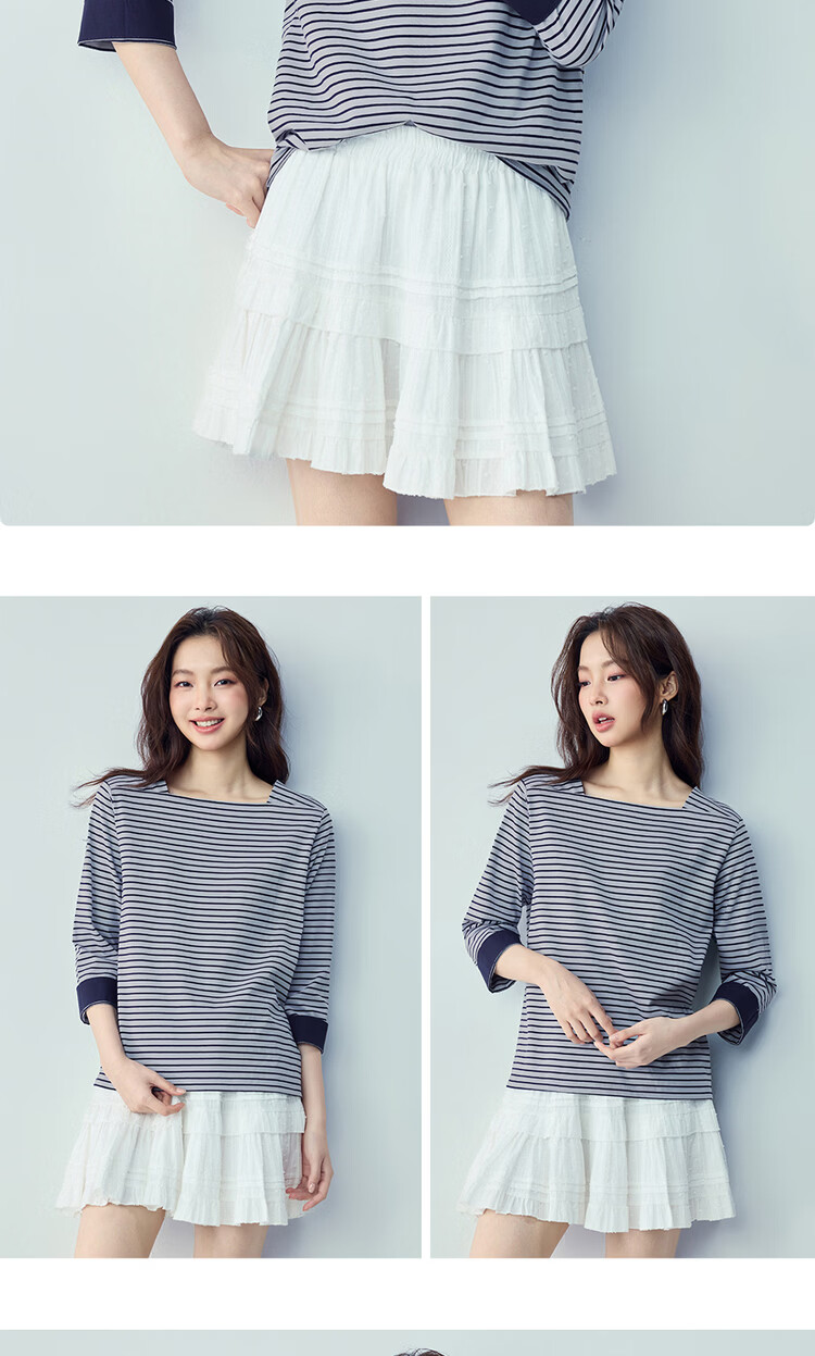 Giordano Women's Striped T-Shirt Summer New Pure Cotton Nautical Square Neck Three-Quarter Sleeve Casual Top 13326236 15