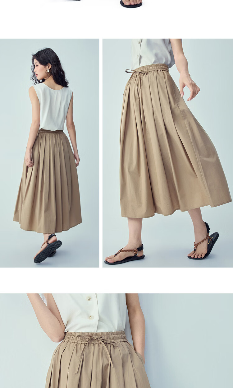 Giordano Women's Flared A-Line Skirt 2026 Summer New Pure Cotton Pleated Skirt Elastic Waist Midi Skirt 13466303 13