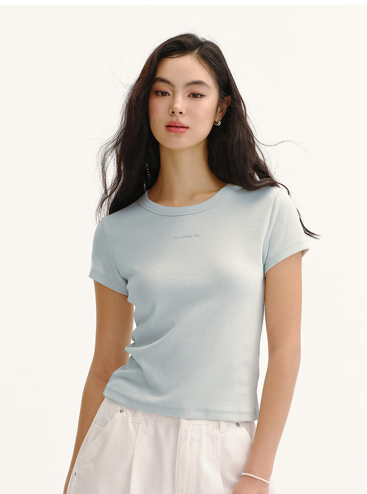 Semir Mall Same Style | Women's Summer Jacquard Slim Fit Short Sleeve T-Shirt, Square Shoulder, Round Neck, Letter Print 2026 Shirt 101326100010 19