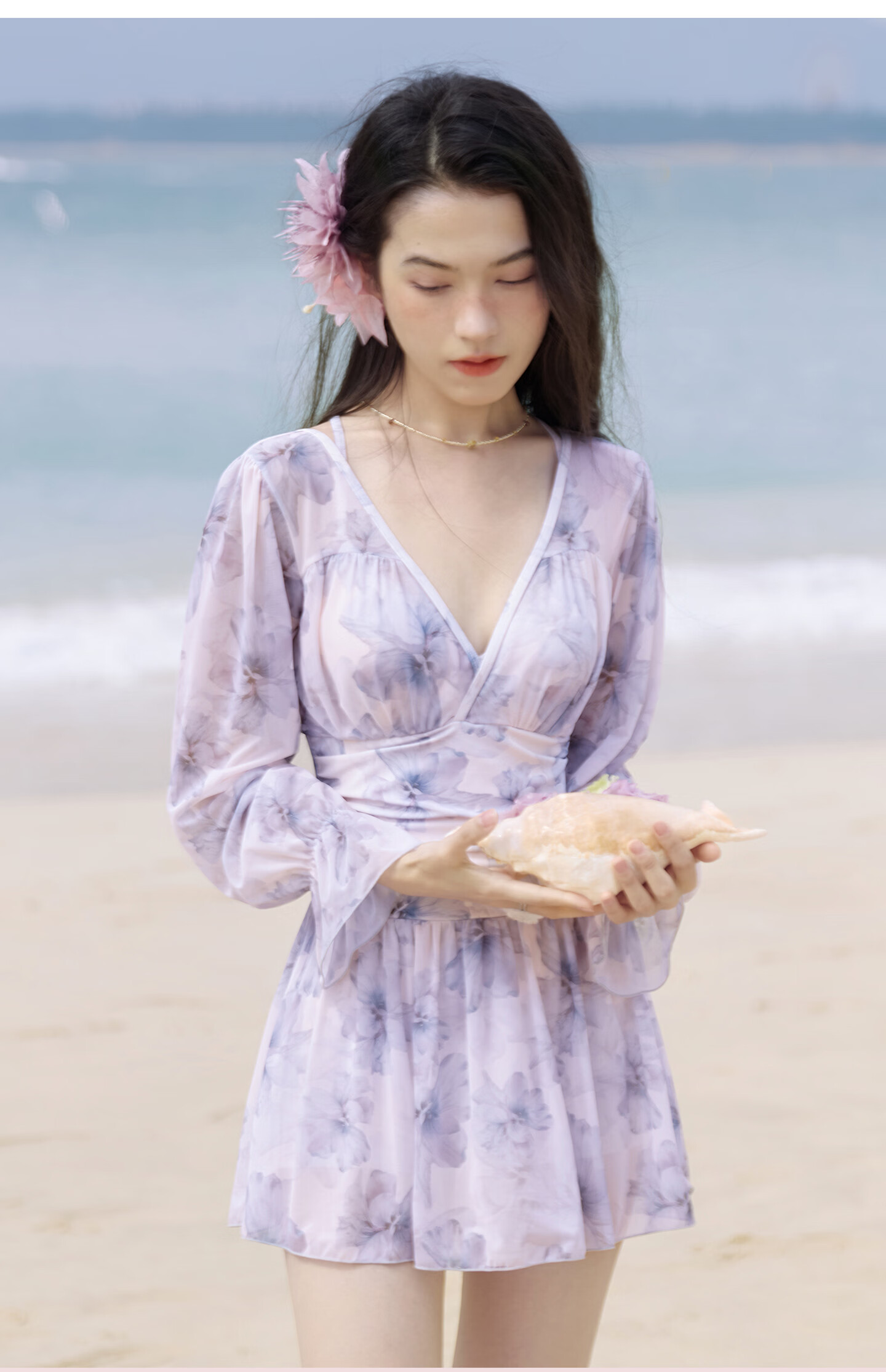 Sanqi Women's One-Piece Swimsuit Skirt Style V-Neck Tummy Control Slimming Vacation Hot Spring Long Sleeve Plus Size Fairy Style Swimwear 2XL 10