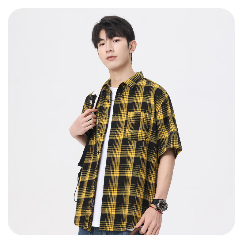 Woodpecker Casual Versatile Plaid Shirt Men 2026 Summer Trendy Ins Thin Loose Short Sleeve Top Black M 22