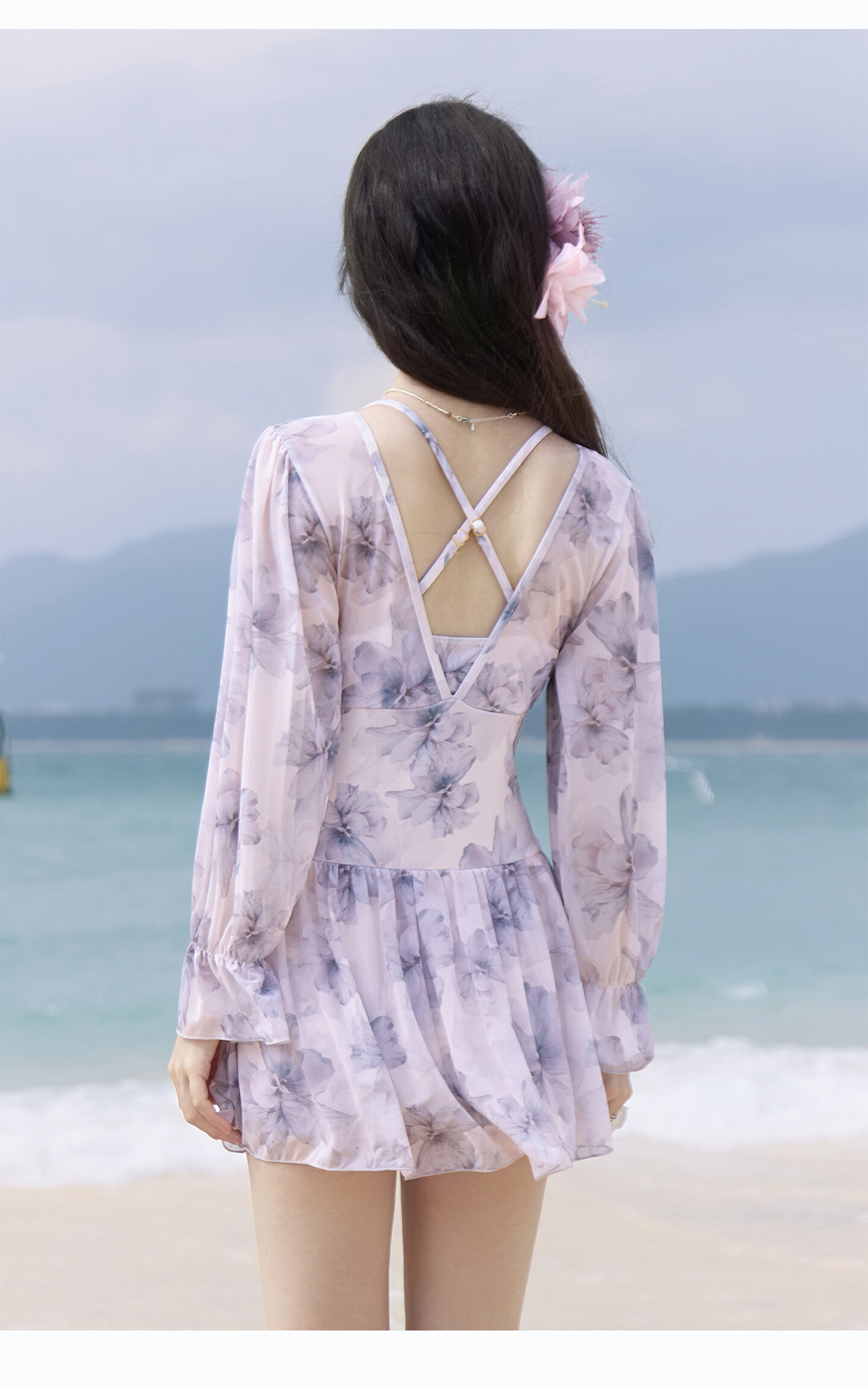 Sanqi Women's One-Piece Swimsuit Skirt Style V-Neck Tummy Control Slimming Vacation Hot Spring Long Sleeve Plus Size Fairy Style Swimwear 2XL 14