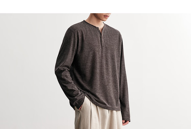 HAUT TON Fine Herringbone Texture Long Sleeve T-Shirt Men 2026 Spring Autumn New Base Layer Henley Collar Top 6002 15