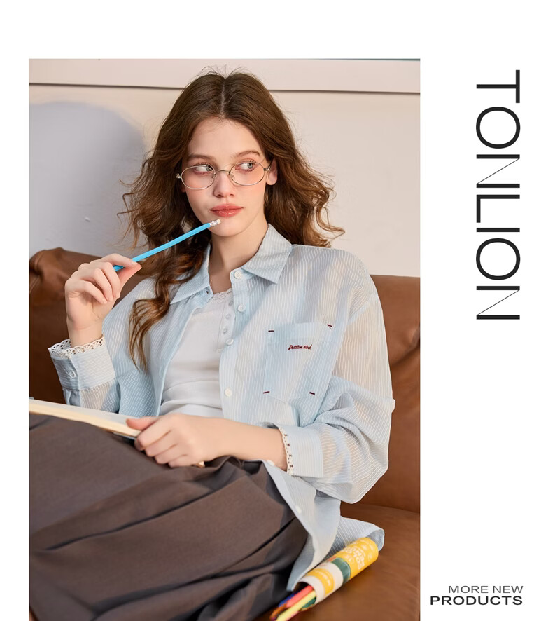 TonLion 2026 Spring Women's Striped Long Sleeve Shirt Light Blue XL 5