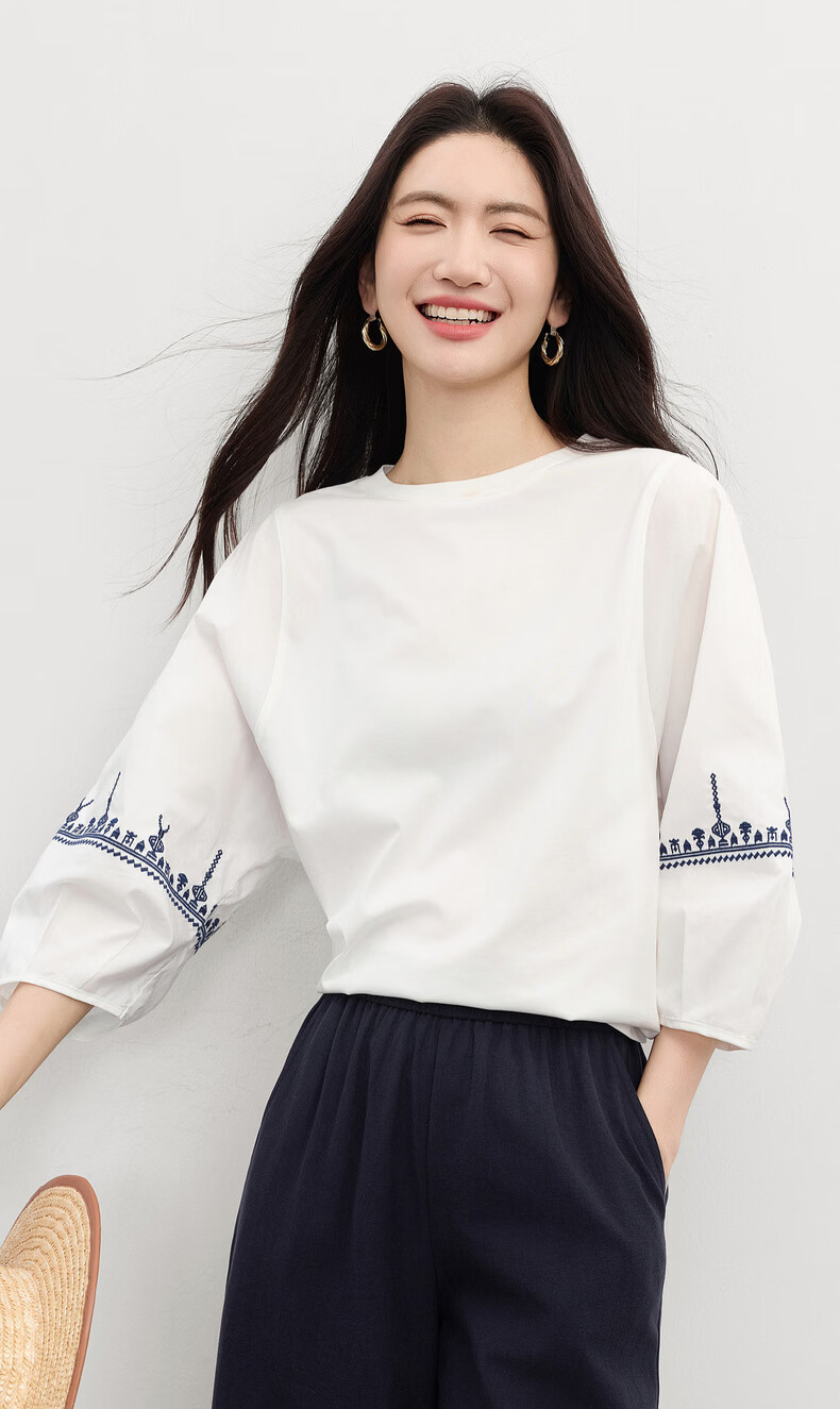 Sllsky Bohemian Embroidered White T-Shirt for Women 2026 Spring Summer New Loose Casual Three-Quarter Sleeve Top 2