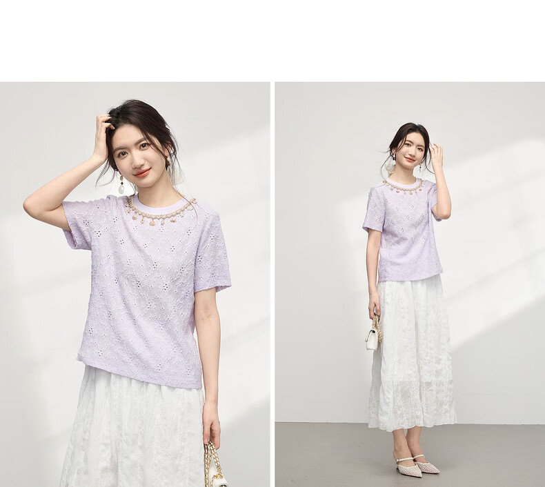 Sllsky Bohemian Heavywork Hollow-out Short Sleeve T-shirt Women Summer 2026 New Elegant Shell Strap Crew Neck Top 18