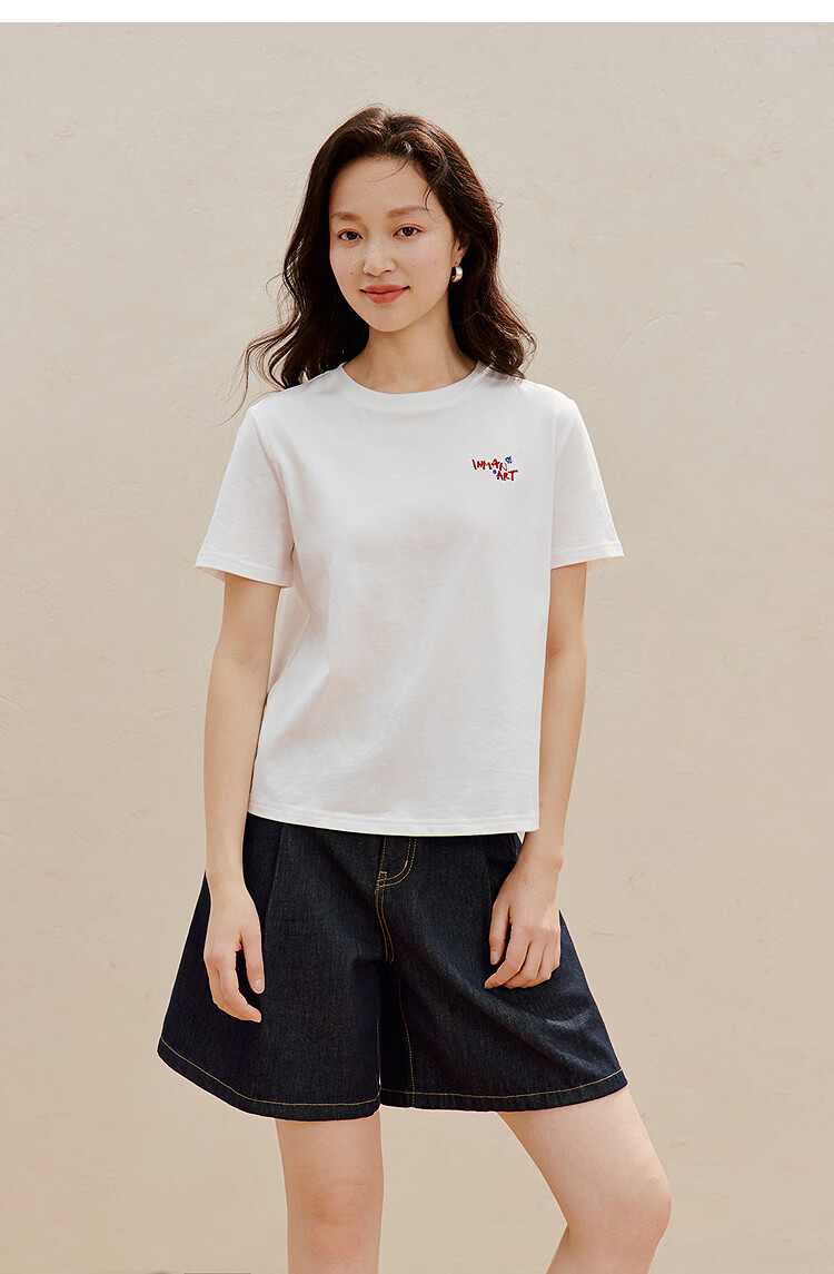 INMAN Classic Cotton Embroidered Crew Neck Short Sleeve T-Shirt Spring 2026 Women's Casual Basic Pearl White M 23