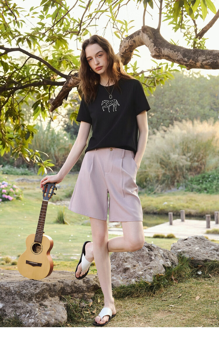 Olrain Summer New Pure Cotton Casual Loose Women's Printed Design Commuter Short Sleeve T-Shirt Black XL 16
