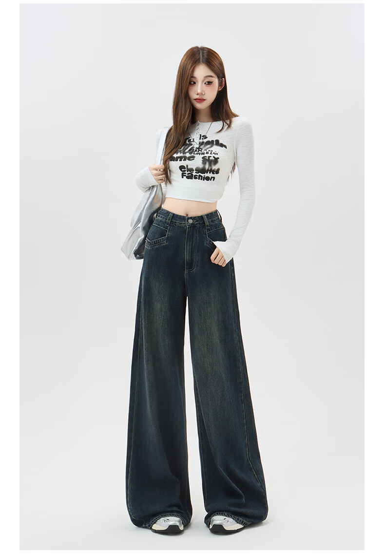Romon High Waist Wide Leg Jeans Women American Vintage Loose Flared Pants Retro Blue M 8