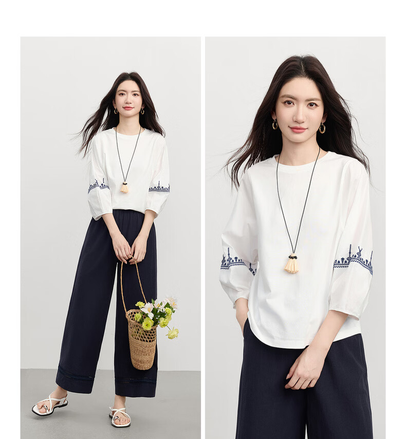 Sllsky Bohemian Embroidered White T-Shirt for Women 2026 Spring Summer New Loose Casual Three-Quarter Sleeve Top 6