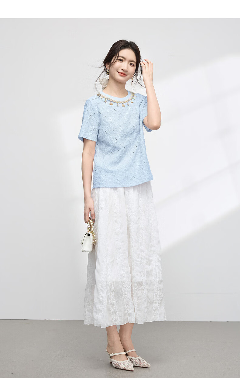 Sllsky Bohemian Heavywork Hollow-out Short Sleeve T-shirt Women Summer 2026 New Elegant Shell Strap Crew Neck Top 26
