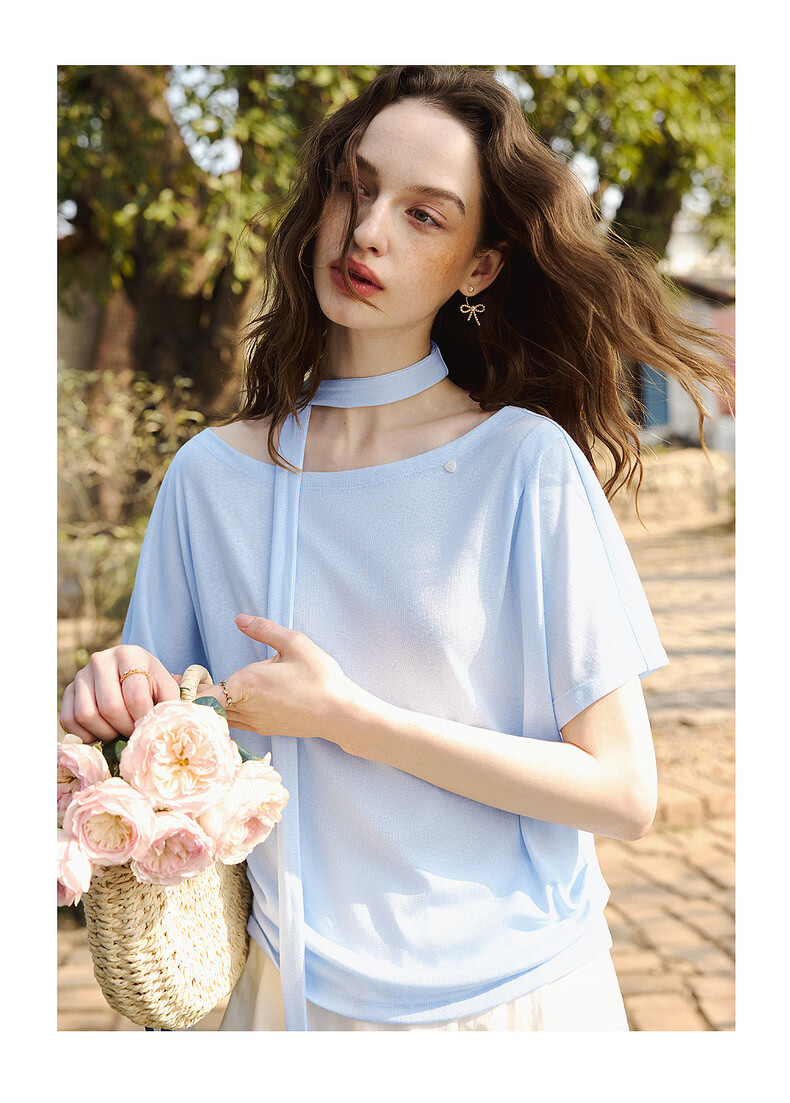 Olrain Eurier Casual Loose Short Sleeve T-Shirt Women Summer New Trendy Top Blue S 21