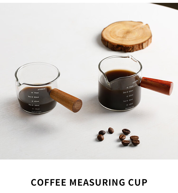 Bethers Japanese Style Ins Glass Milk Jug with Wooden Handle and Scale, Espresso Latte Small Measuring Cup, Mini Milk Pitcher Creamer 10