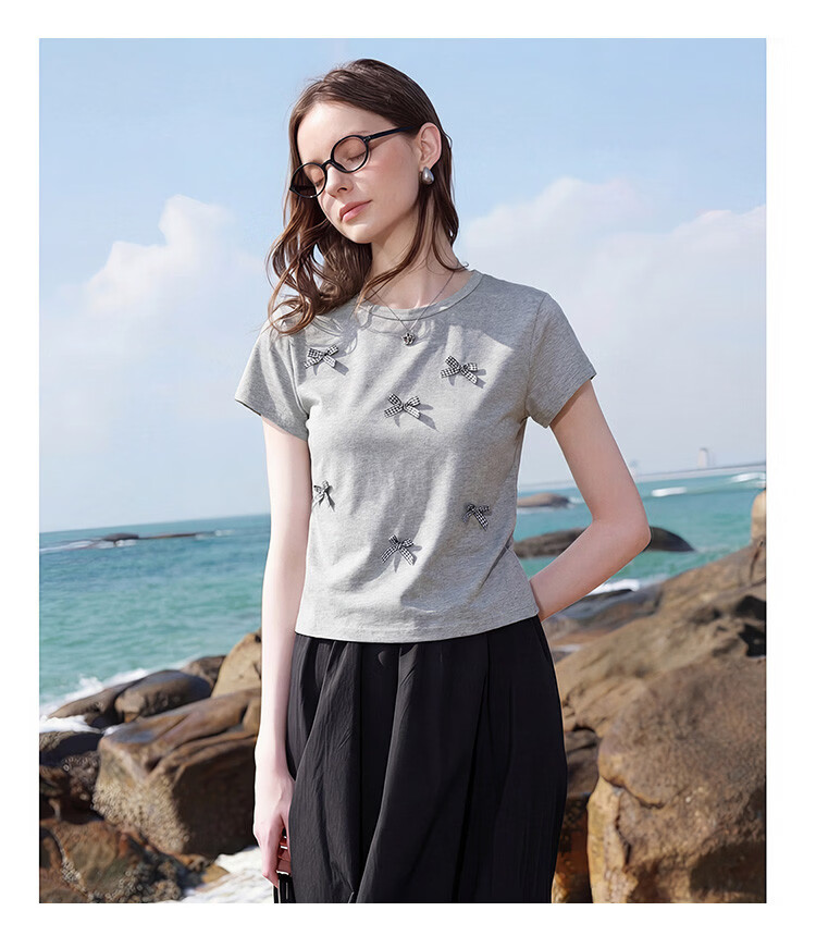TonLion 2026 Summer New Short Sleeve T-Shirt for Women Black Bow Design Casual Early Spring Youthful Style 15
