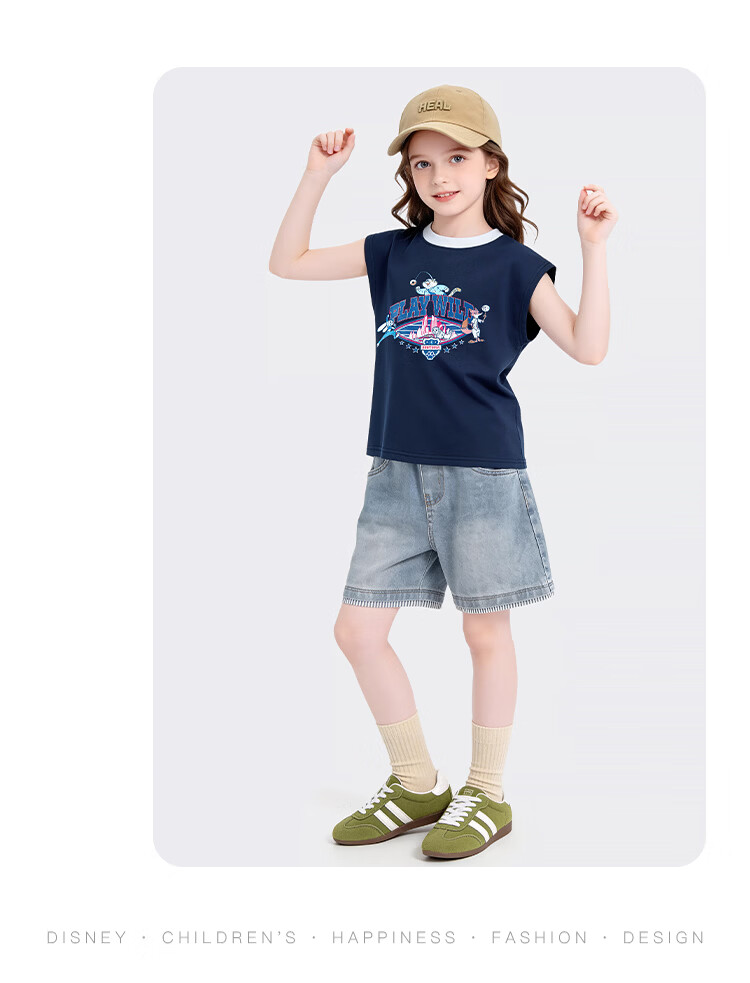 Disney Girls Short Sleeve T-Shirt 2026 New Summer Kids Cartoon Sleeveless Printed Breathable Vest Navy Blue 120 20