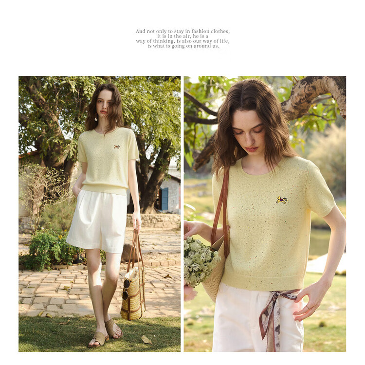 Olrain Casual Simple Color Dot Yarn Pony Embroidery Knit Pullover Women's Summer Top Yellow S 6