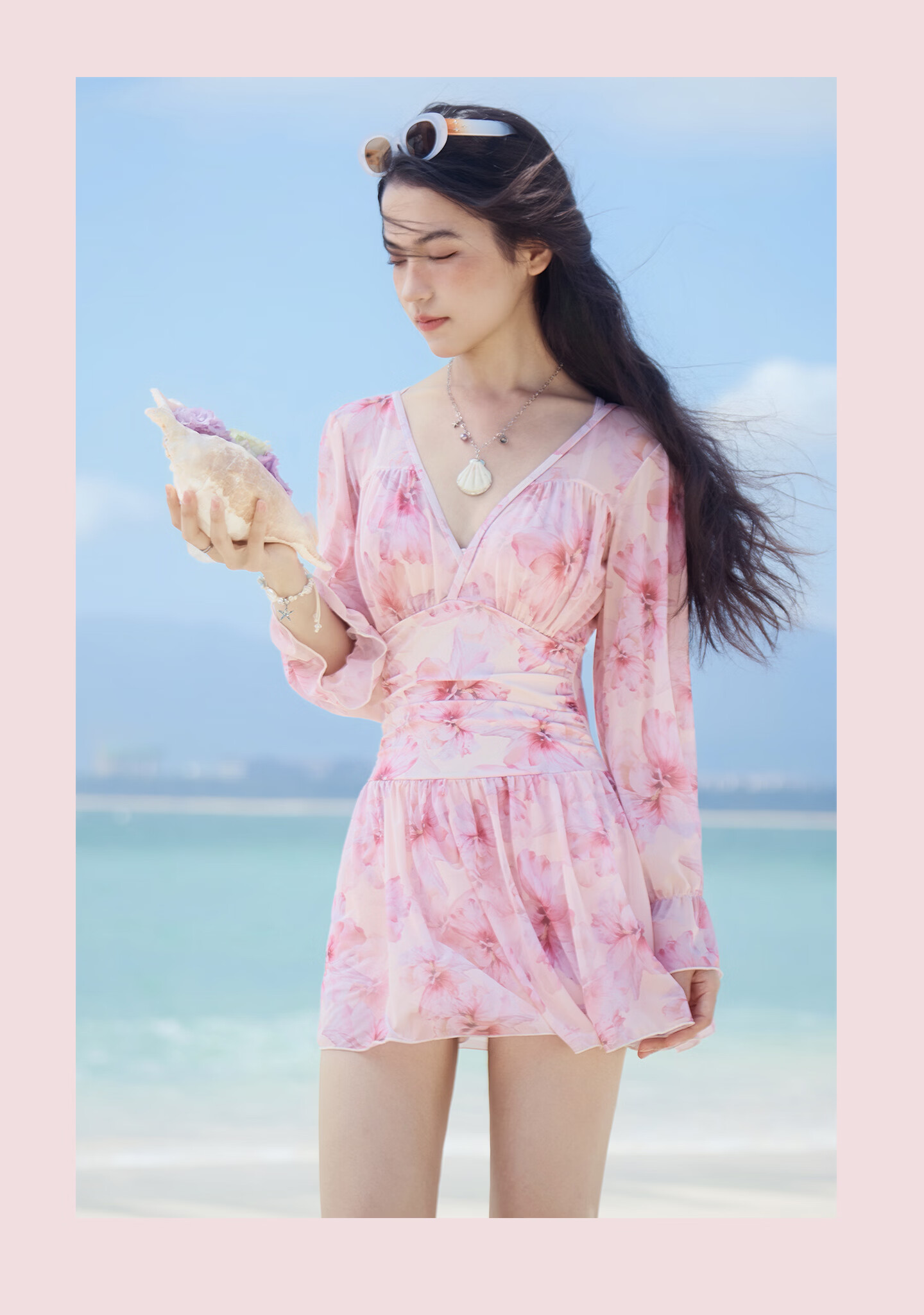 Sanqi Women's One-Piece Swimsuit Skirt Style V-Neck Tummy Control Slimming Vacation Hot Spring Long Sleeve Plus Size Fairy Style Swimwear 2XL 18