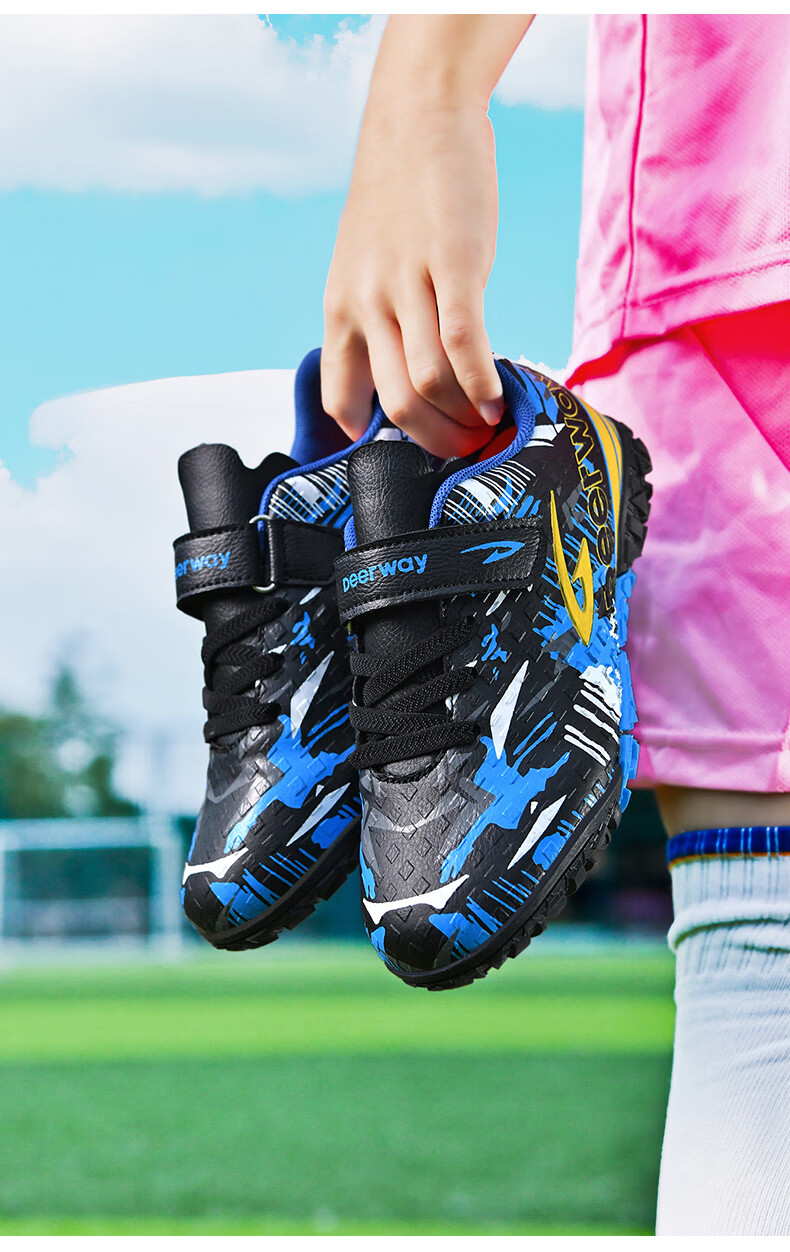 Delhui Kids Soccer Shoes TF Turf Studs 6-12 Years Old Slip-On School Grass Football Training Black Blue Yellow Size 32 17