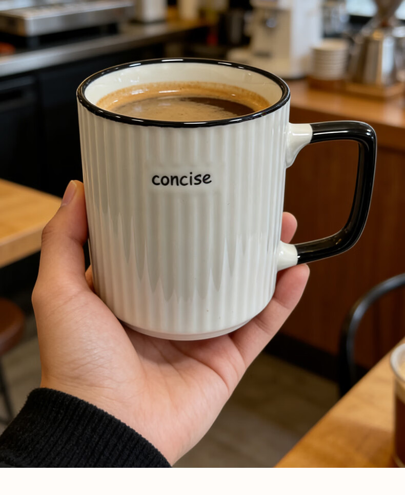 Huaqingge Ceramic Mug with Lid and Spoon, Japanese Minimalist Vertical Stripe, Office and Home Milk Coffee Cup 340ml 4