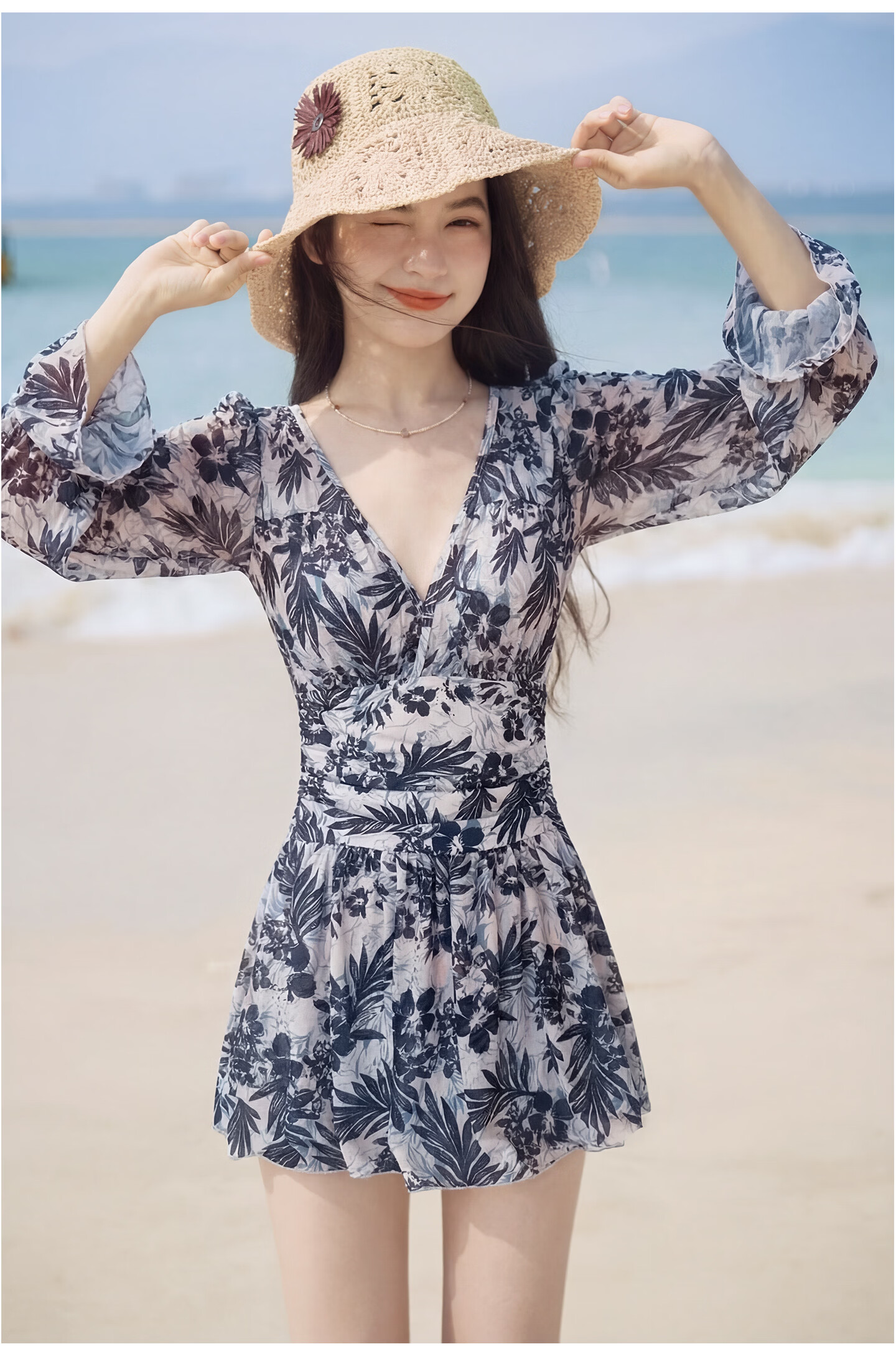 Sanqi Women's One-Piece Swimsuit Skirt Style V-Neck Tummy Control Slimming Vacation Hot Spring Long Sleeve Plus Size Fairy Style Swimwear 2XL 25