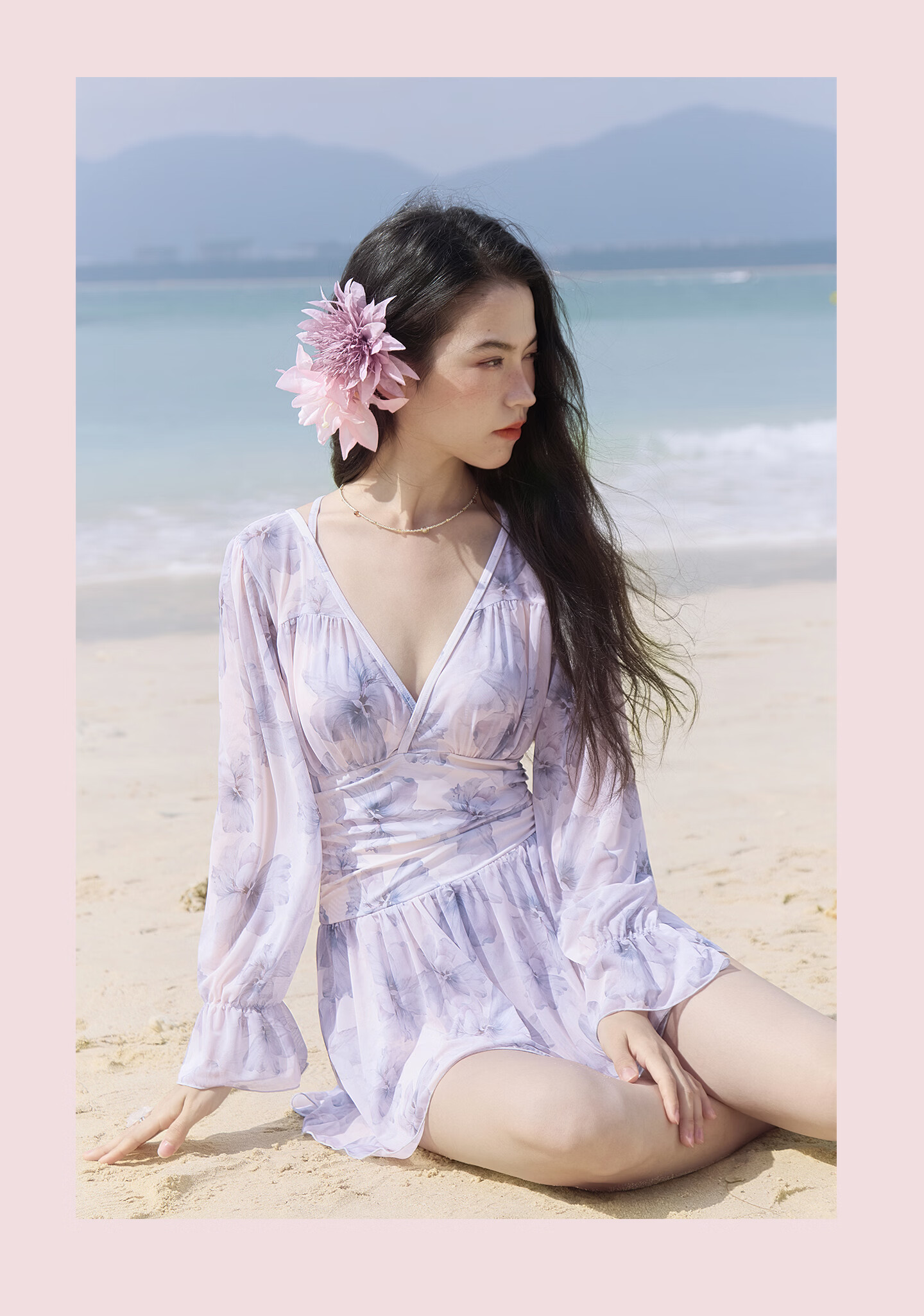 Sanqi Women's One-Piece Swimsuit Skirt Style V-Neck Tummy Control Slimming Vacation Hot Spring Long Sleeve Plus Size Fairy Style Swimwear 2XL 11
