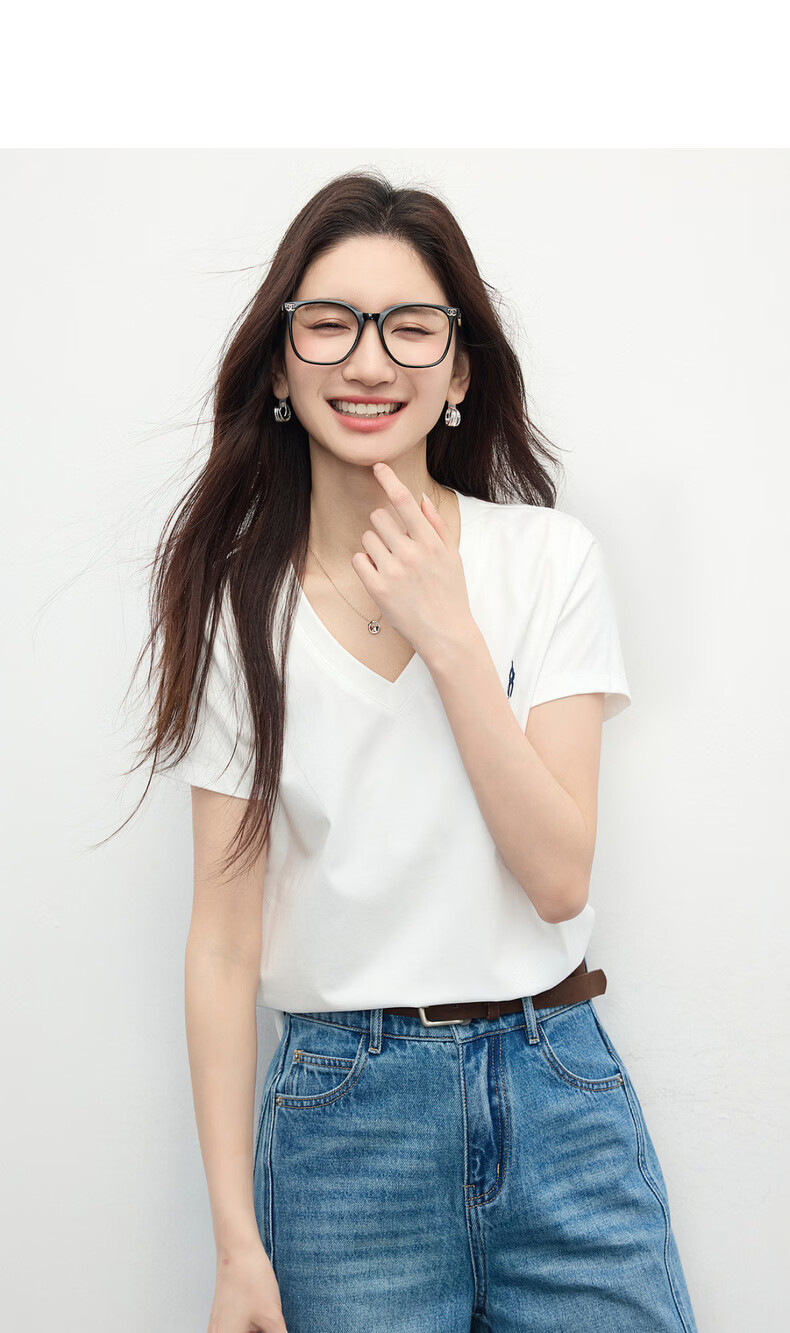 Sllsky Xinjiang Cotton V-Neck Shoulder T-Shirt Women 2026 Summer New Commuter Embroidered Short Sleeve Cool Top 20
