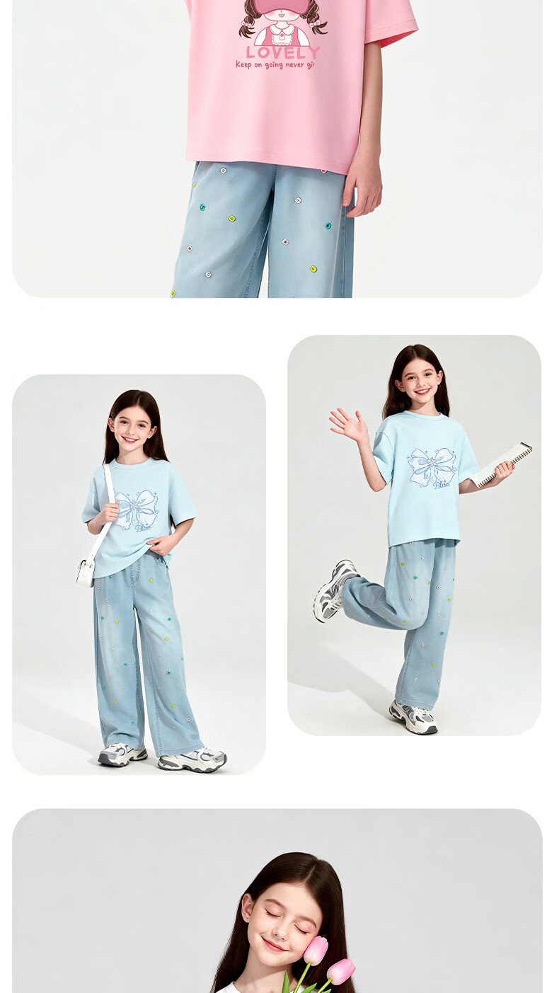Baleno YBB Series Girls' Summer Set Big Kids Stylish Short Sleeve T-Shirt Two-Piece Children's Cool Tencel Wide-Leg Pants 11