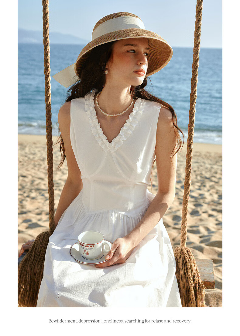 Olrain European Style Summer New French V-Neck Slim Fit Vest Dress for Women Mid-Length Dress Off-White XL 11