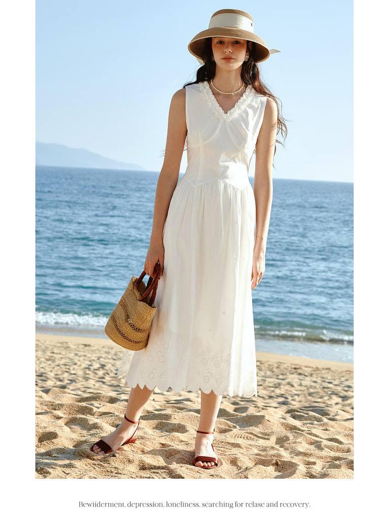 Olrain European Style Summer New French V-Neck Slim Fit Vest Dress for Women Mid-Length Dress Off-White XL 14