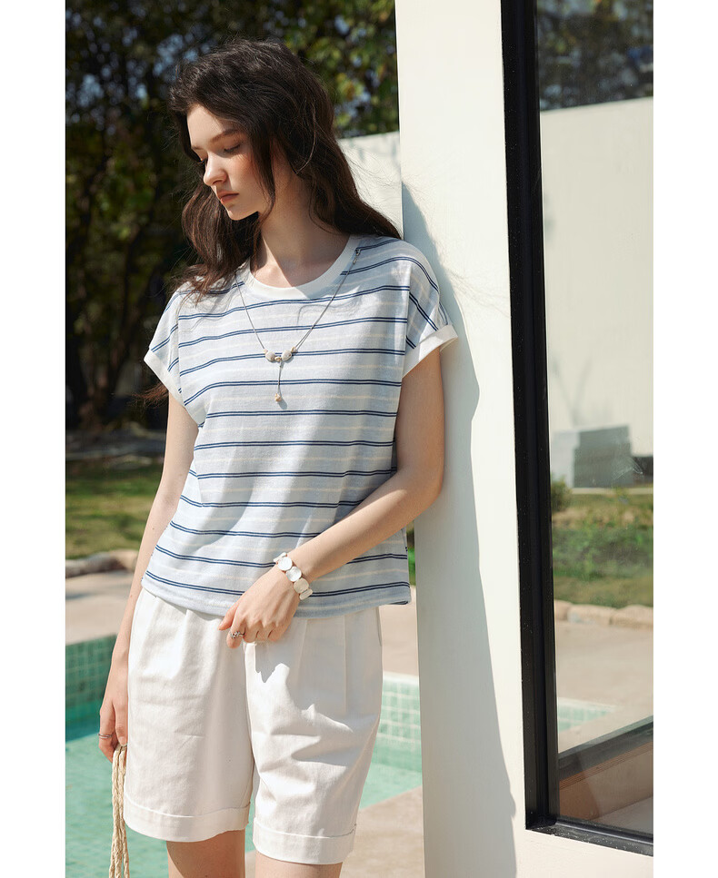 Olrain Summer New Blue and White Color Block Striped Loose Casual Commuting Short Sleeve T-Shirt for Women Striped L 13