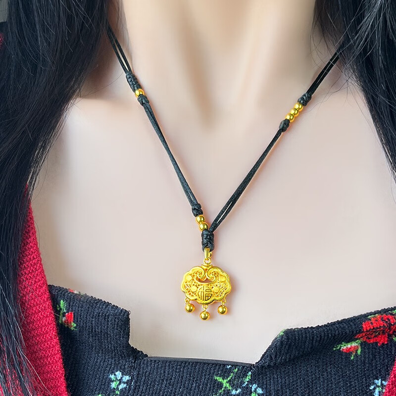 老凤凰黄金锁包999足金平安锁包项链福字花丝锁骨链编织黑绳如意吊坠