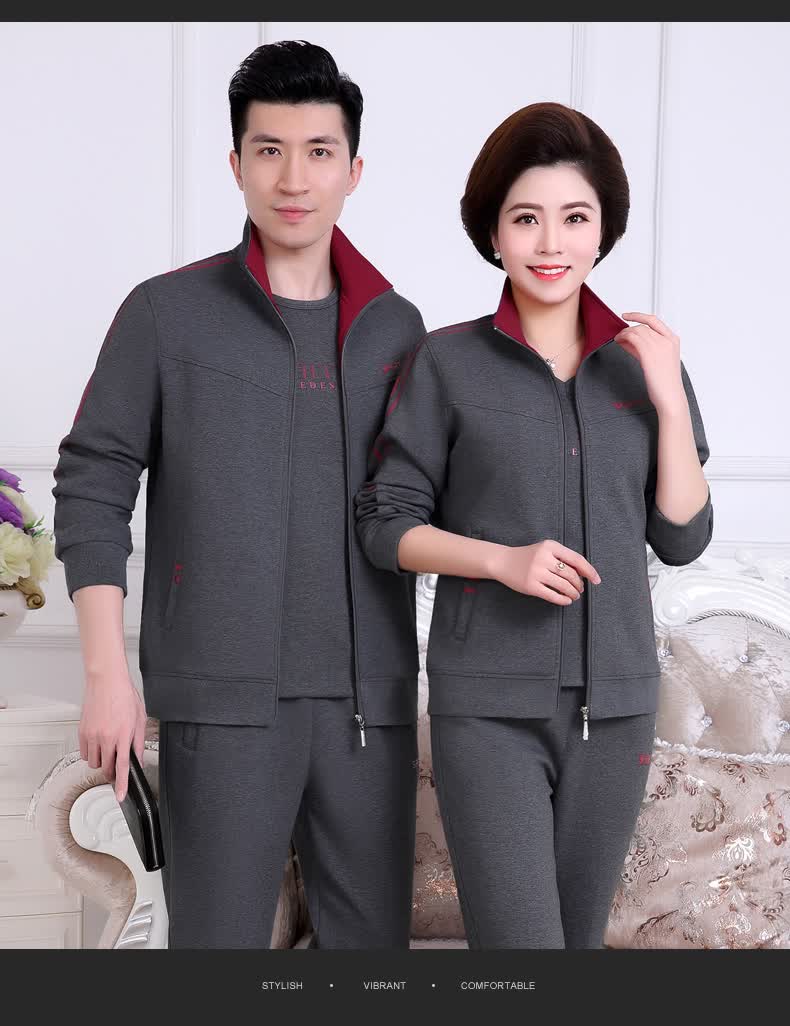 欧丽欣 情侣运动套装男女春秋款中老年人春款运动服三件套秋季中年人