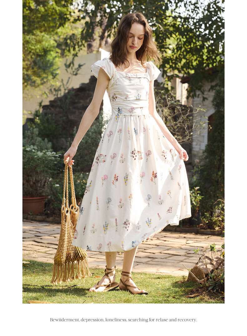 Olrain Women's Summer New Square Neck Puff Sleeve Floral Heavy Embroidery Waist Dress Colorful XL 11