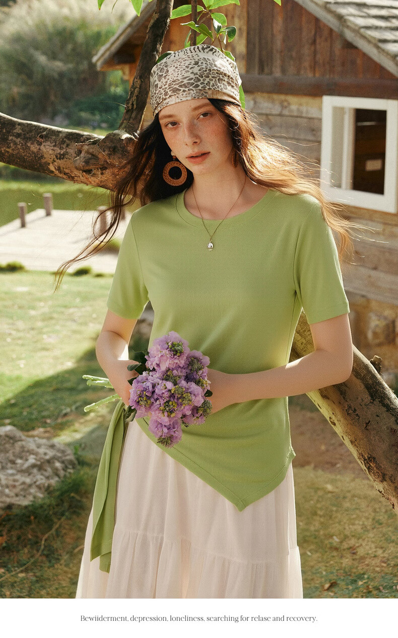 Olrain European Style Summer New French Tie Slim Fit High-End Versatile Short Sleeve T-Shirt for Women Green M 11