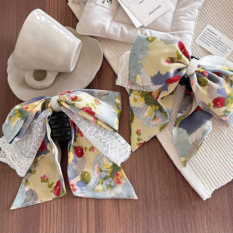 Yidier Oil Painting Style Lace Bow Ponytail Hair Claw Clip Women's Elegant Back Hair Clip Updo Shark Clip Hairpin Hair Accessory 6