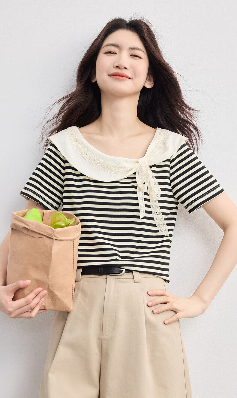 Sllsky French Lace Bow Striped Short Sleeve T-Shirt Women 2026 Summer Boutique Doll Shirt Top 2