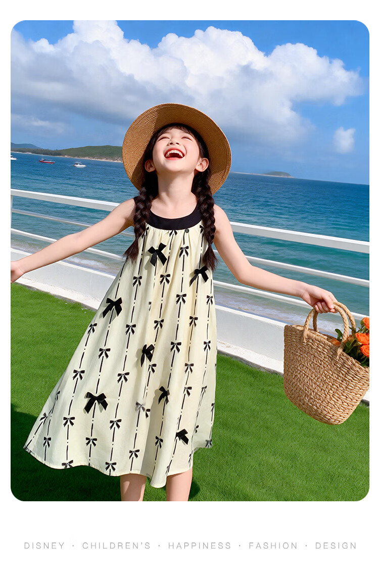 Disney Girls' Bowknot Strap Dress Summer Cotton Vacation Style Sleeveless A-Line Dress for Big Kids 120 13