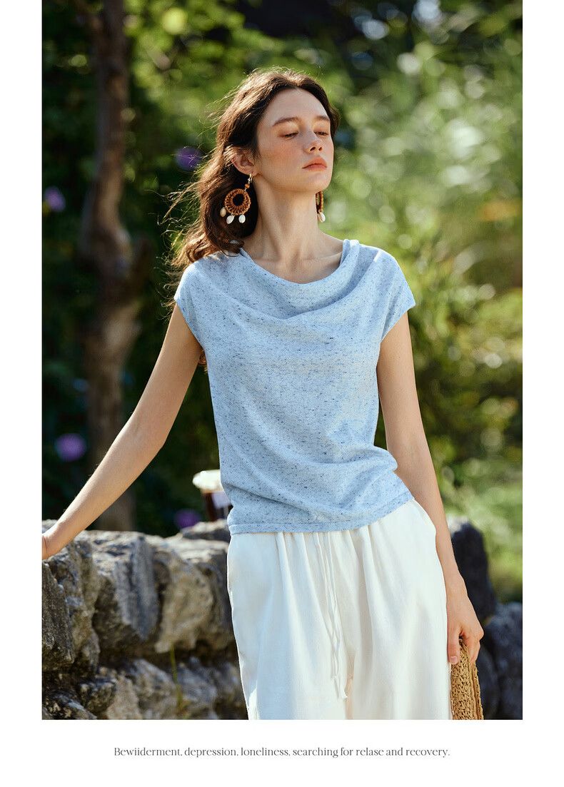 Olrain Summer New French Style Solid Color V-Neck Slim Fit Knit Top for Women Blue S 9