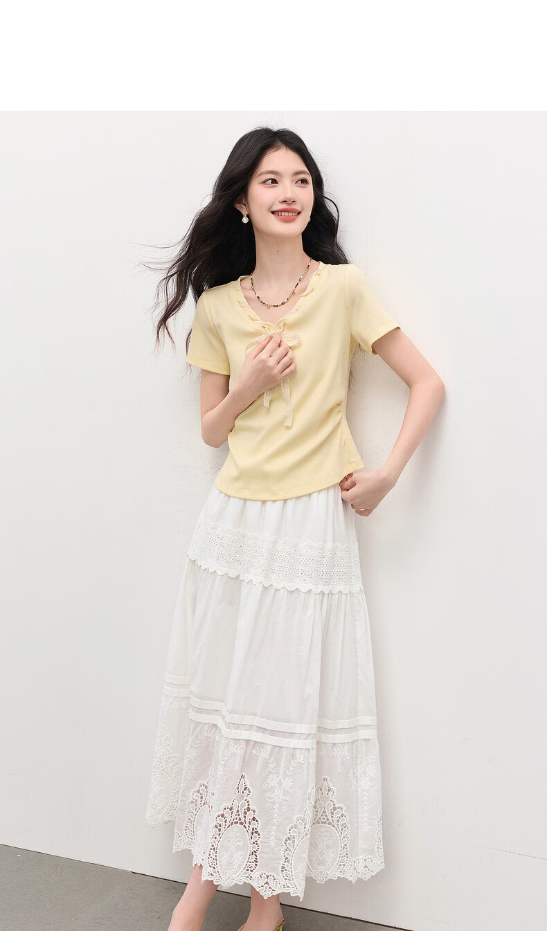Sllsky Yellow Bow Tie V-Neck Short Sleeve T-Shirt Summer Women's Stylish Waist-Cinching Top 16
