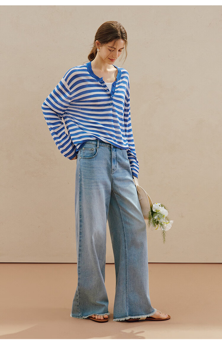 Inman [Linen Tencel] Henry Collar Striped Knit Top Summer New Women's Nautical Style Pullover Klein Blue M 28