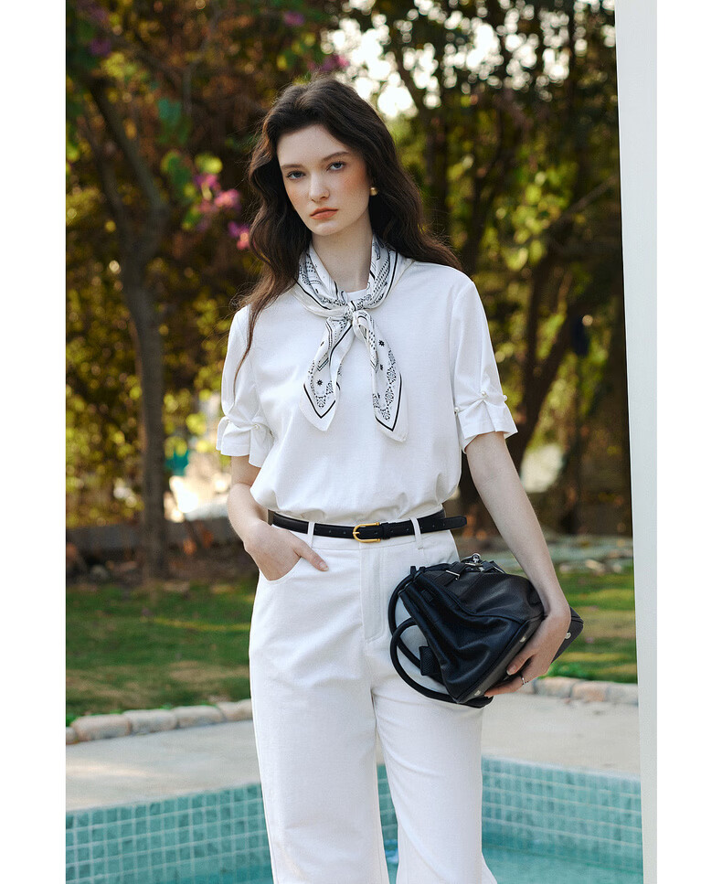 Olrain Summer New Ribbed Crew Neck Deconstructed Gathered Cuff Short Sleeve T-Shirt for Women, Off-White, Size S 13