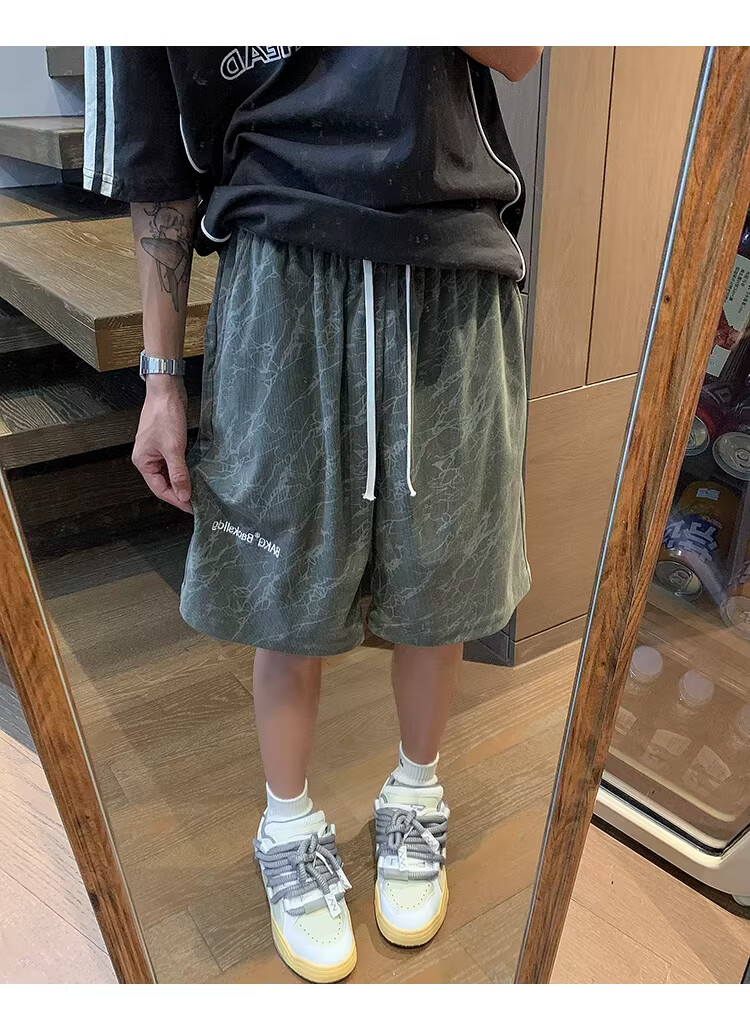 NASA MARVEL American Style Tie-Dye Letter Men's Shorts Summer New Ice Silk Thin Beach Sports Casual Straight Loose Knee-Length Pants 27