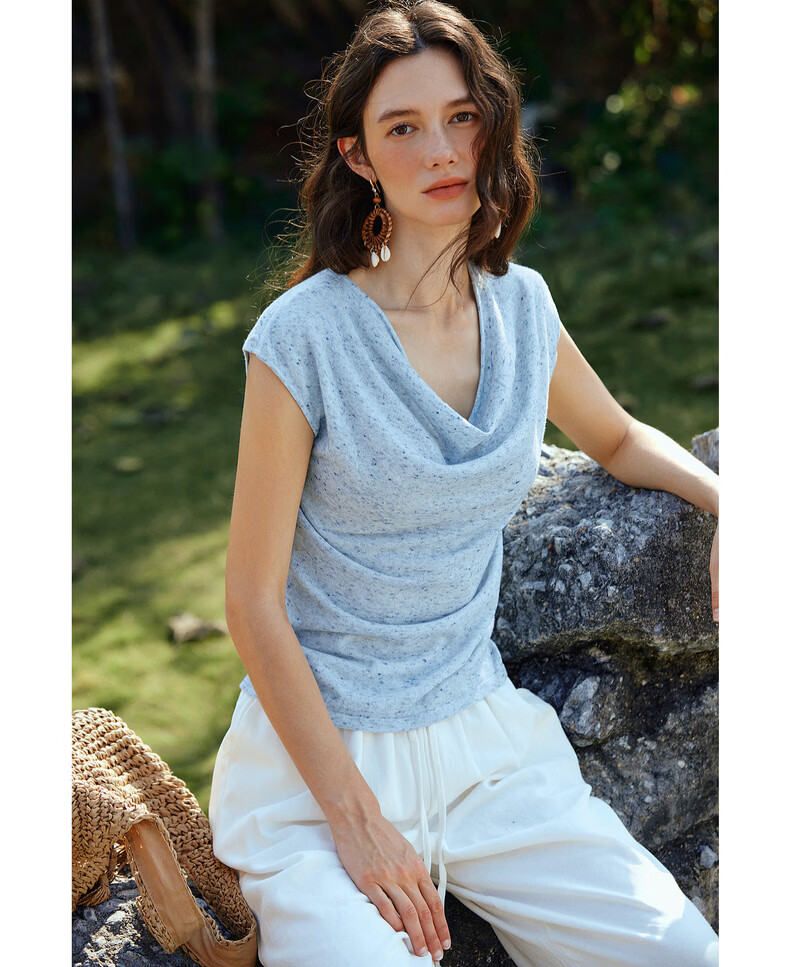 Olrain Summer New French Style Solid Color V-Neck Slim Fit Knit Top for Women Blue S 11