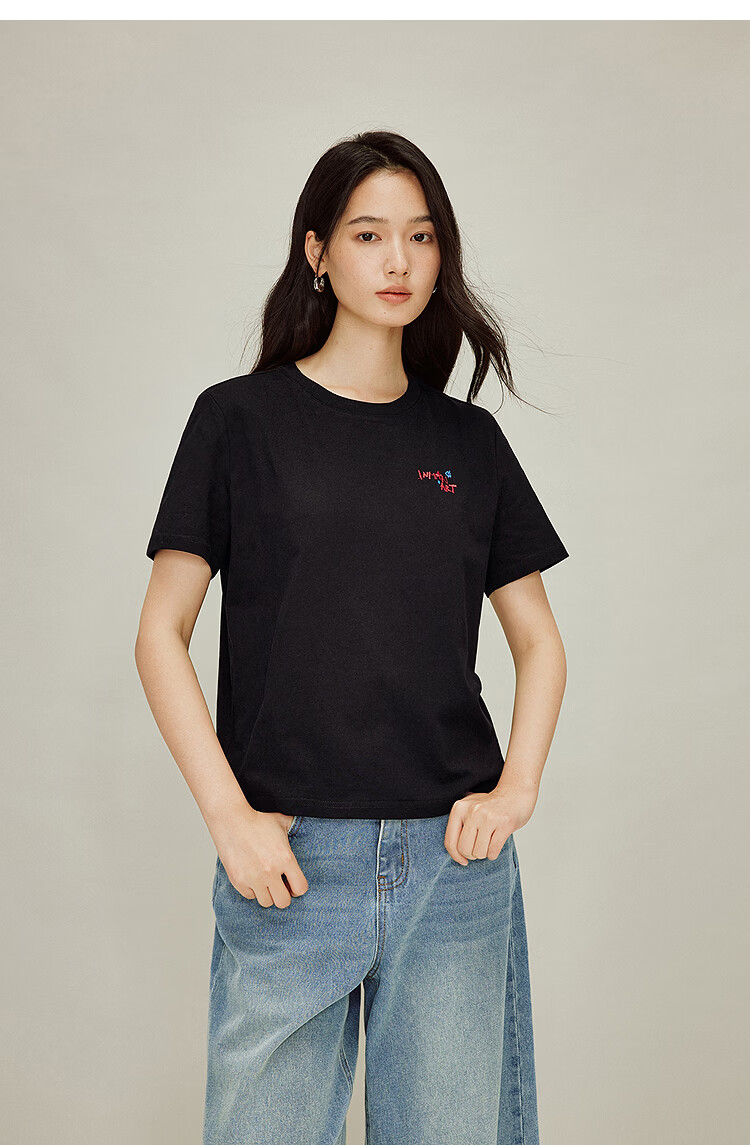 INMAN Classic Cotton Embroidered Crew Neck Short Sleeve T-Shirt Spring 2026 Women's Casual Basic Pearl White M 15
