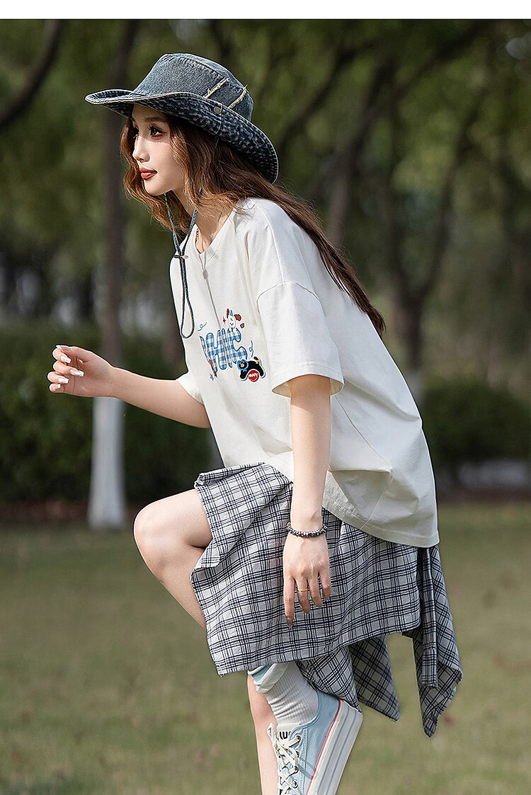 TonLion 2025 Summer Women's Crew Neck Plaid Letter Short Sleeve T-Shirt 6