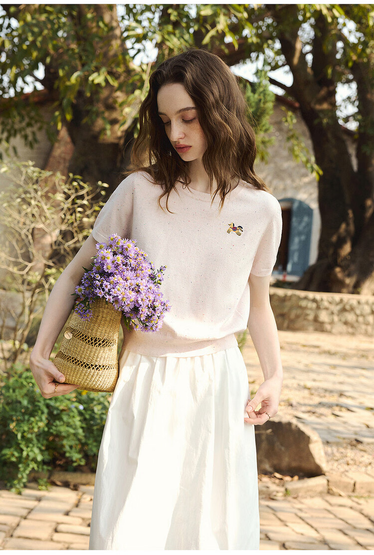 Olrain Casual Simple Color Dot Yarn Pony Embroidery Knit Pullover Women's Summer Top Yellow S 2