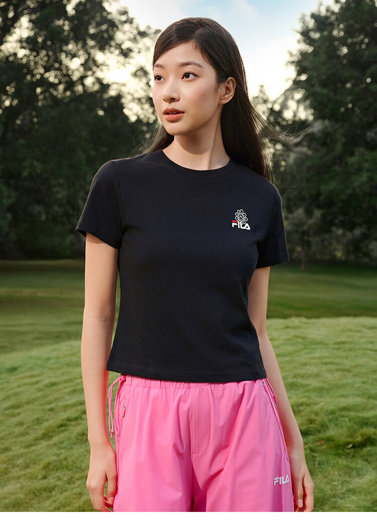 FILA Official Women's Knitted Short Sleeve Shirt 2026 Summer Casual Slim Fit Cool Cotton Cropped T-Shirt 21