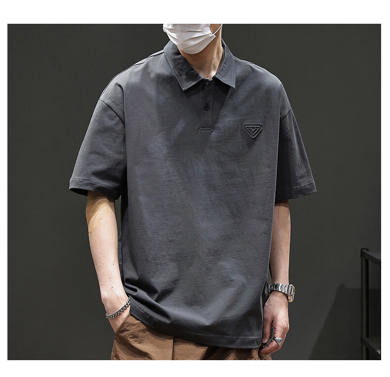 ROMON American Vintage Cotton Short Sleeve T-Shirt Men's Summer Heavyweight Casual Versatile Polo Shirt Black XL 15