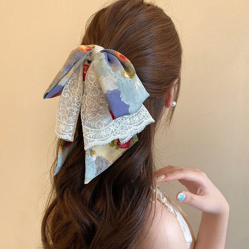 Yidier Oil Painting Style Lace Bow Ponytail Hair Claw Clip Women's Elegant Back Hair Clip Updo Shark Clip Hairpin Hair Accessory 2
