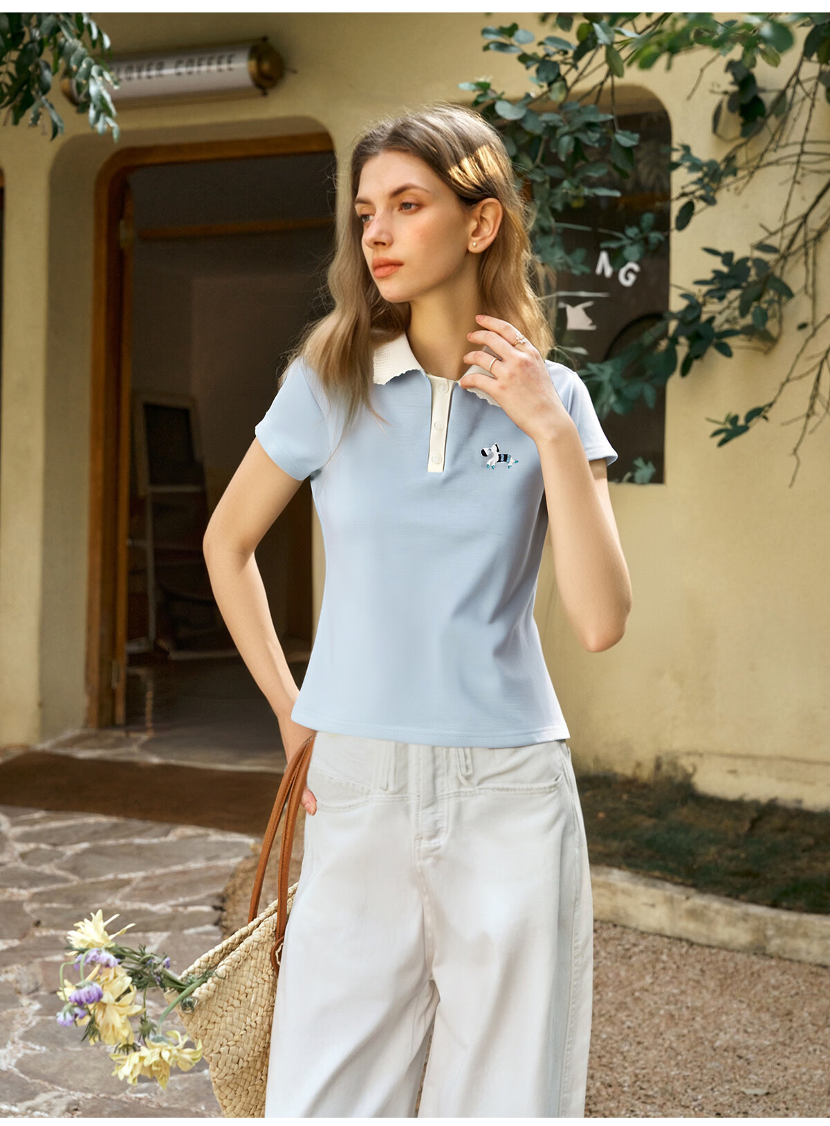 Olrain Colorblock Wave Edge Polo Collar Design T-Shirt Women Summer Short Sleeve Top Gray XL 23